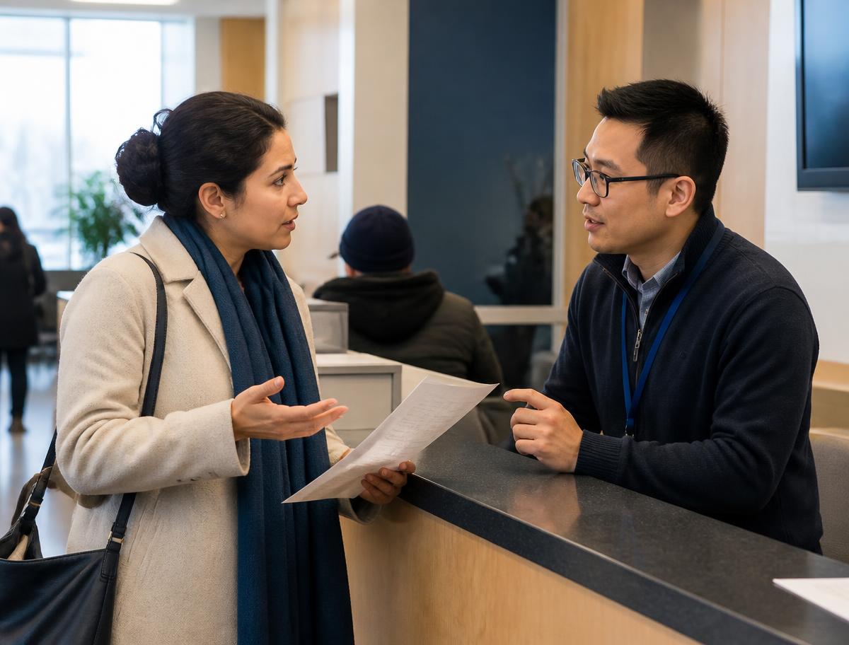 Adult discussing a form at a public service counter