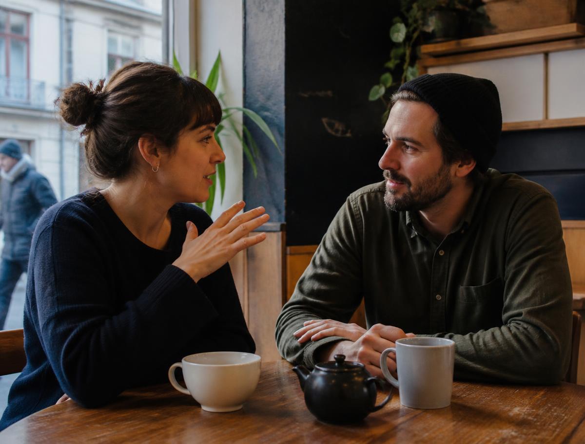 Adults practising a focused conversation in a neighbourhood cafe